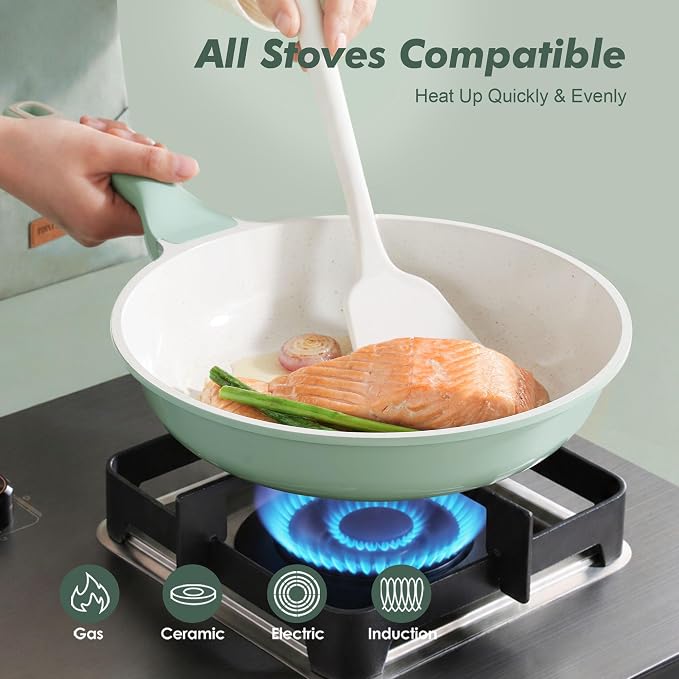 SENSARTE 10In Nonstick Ceramic Frying Pan with Lid, PFAS/PTFE Free, Green | Ceramic Omelette Pan Skillet, Healthy Non-toxic Chef's Pan, Induction Compatible Pan, Heat Resistant Handle