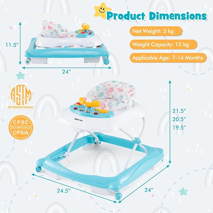 HONEY JOY Baby Walker, 5 in 1 Infant Activity Walker with Wheels, Music, Removable Cushion, Toddler Foldable Push Walker for Boys Girls, Anti-Rollover Walkers for Babies 7-14 Months (Green)