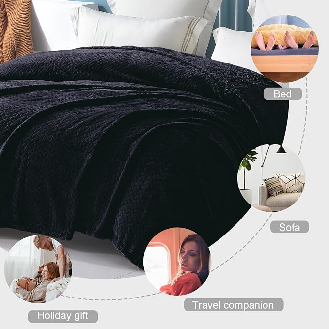 Exclusivo Mezcla Soft Fleece Bed Blanket Queen Size, 90”x90”, Black | Cozy Fluffy Lightweight Blankets for Summer, Decorative Plush Flannel Throws for Living room, Bedroom with Leaves Pattern