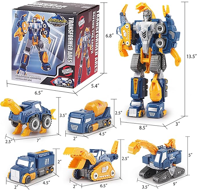 Toddler Construction Car Transform Set, 5pcs Dinosaur Rescue Robot with Magnetic Connectors, Assemble Building Trucks DIY STEM Toy, Birthday Present for Kids Boy Girl 3 4 5 6 7 Year