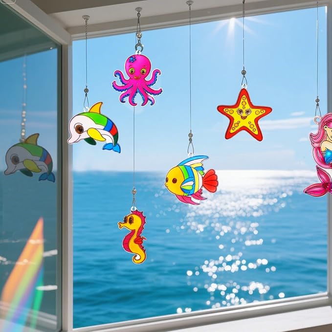 Ayhuhra 30 Sets Ocean Animals Suncatcher Crafts Under The Sea Sun Catchers Kits DIY Summer Window Paint Art for Sea Theme Party Home Decor