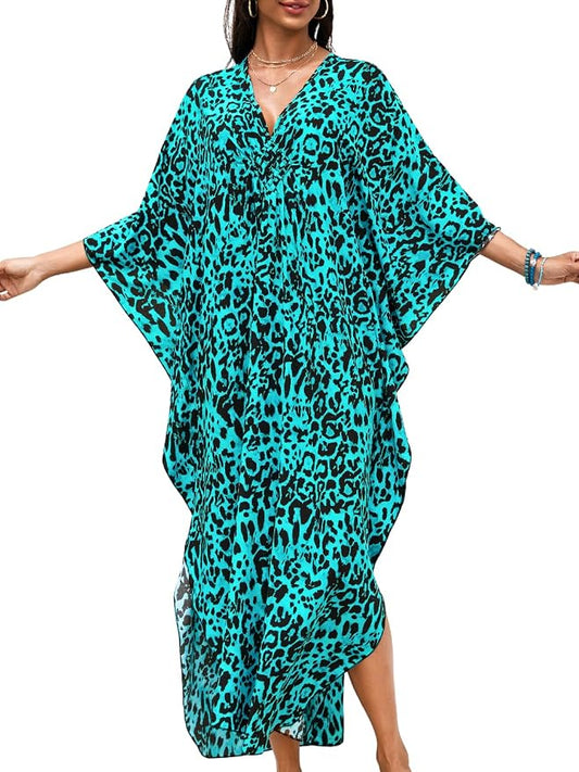 ChiaoLezhee Print Moo-Moos for Women, Kaftan Cover-Up Dresses, Sexy V-Neck High-Slit, Beach Pool-Party Coverups Muumuu Plus