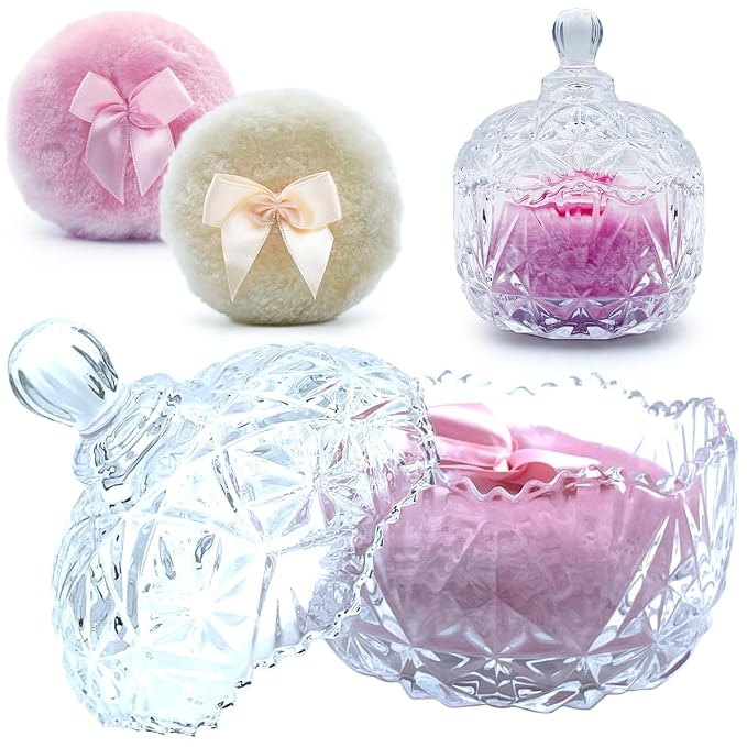 4" Glass Dusting Powder Container with 2 Fluffy Puffs,Cute 3.5" Soft Body Powder Puff and Jar Set(Crown-clear)