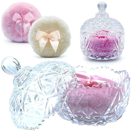 4" Glass Dusting Powder Container with 2 Fluffy Puffs,Cute 3.5" Soft Body Powder Puff and Jar Set(Crown-clear)