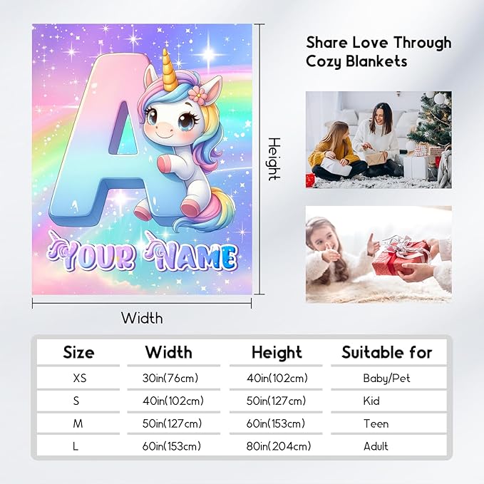 Personalized Blankets for Girls - Unicorn Blanket Gifts for Kids - Custom Throw with Name for Unicorn Lovers - 60"x80" Cute Throws for Bed, Living Room - Monogram Gift