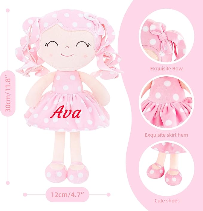 Gloveleya Personalized Baby Doll – Custom Name Plush Rag Doll, Pink Polka Dot Dress, Curly Hair, for Girls Birthday, Holidays & Keepsake, 12 Inches