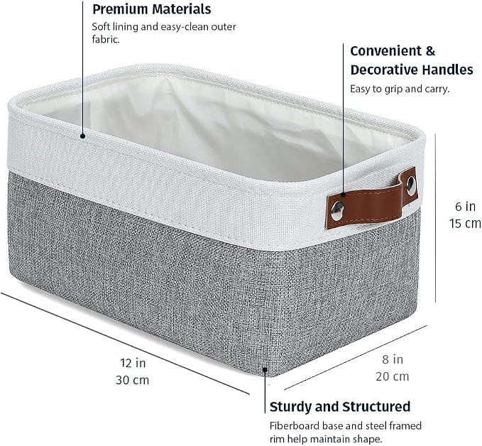 OrganiHaus 12x8in Canvas Storage Baskets, 3 Pack - Fabric Bins for Shelves | Vegan leather handles; a decorative pantry and office organizer, container for desk and books