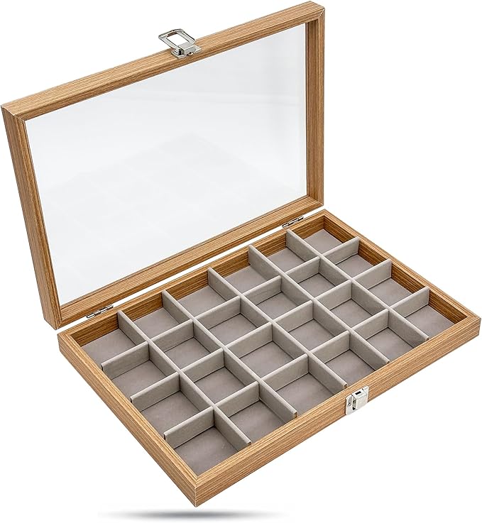 Wooden Travel Jewelry Box w. Tempered Glass Display Lid - Earrings Storage - 24-Compartments Velvet Organizer (Natural Oak) by The Display Guys