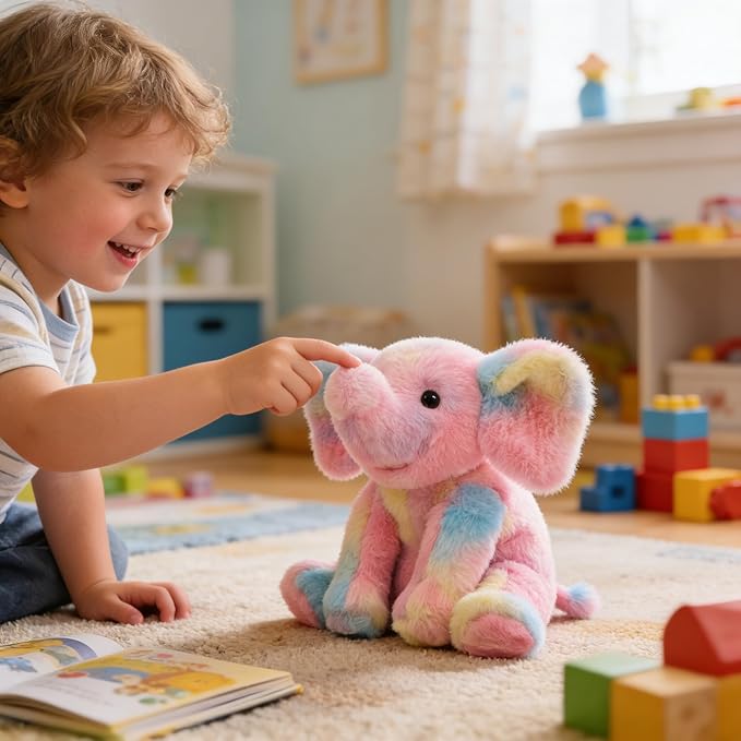 Hopearl Adorable Plush Calf Elephant Toy Floppy Elephish Ultra Soft Stuffed Animal for Boys Girls Kids Toddlers, Rainbow, 9''