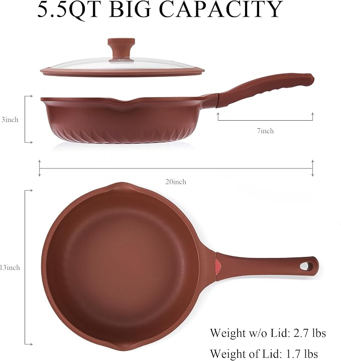 Vinchef 12" Terracotta Nonstick Ceramic Red Frying Pan, 5.5Qt | Red/terracotta German 3C+ toxin-free ceramic PFOA-free. Induction/gas compatible. Heat indicator handle. Lightweight die-cast