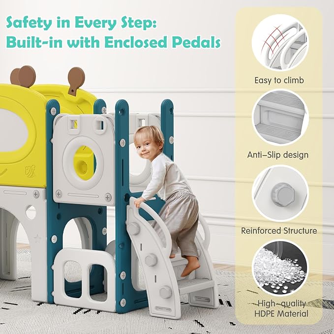 kinbor 9 in 1 Multifunctional Toddler Slide - Kids Slide with Basketball Hoop, Drawing Board & Storage, Playset for Kids Indoor Outdoor Playground Set for Toddlers Ages 1-3
