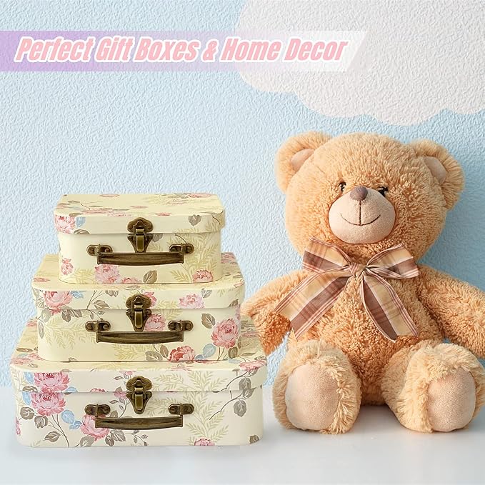 Paperboard Suitcases(Set of 3), Gift Boxes With Lids For Presents, Photo Storage, Dolls, Perfect for Home Decoration, Baby Shower Wedding, Birthday, Christmas and New Year Decor(Yellow Flowers)