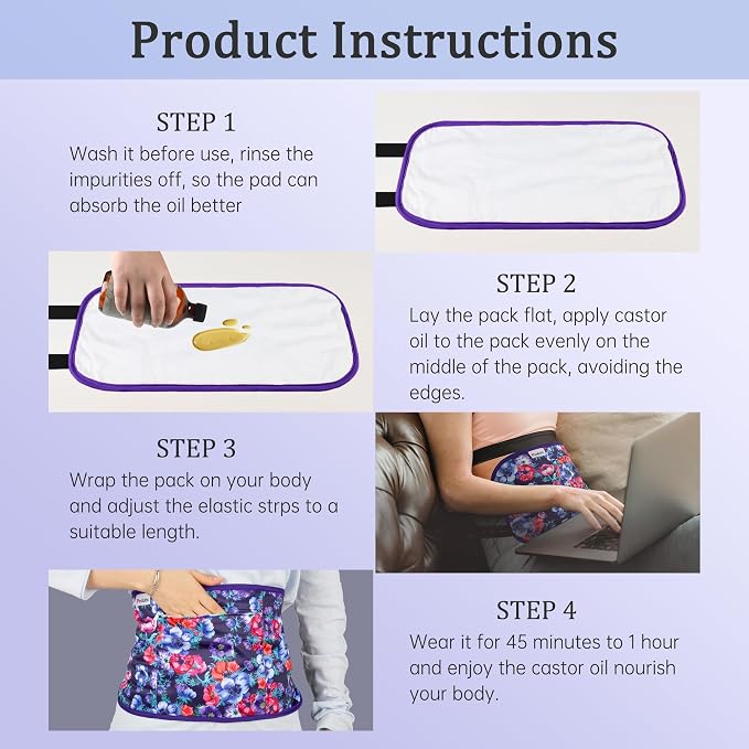 Reusable Castor Oil Pack Wrap for Liver Detox, Castor Oil Wrap for Stomach Less Mess, Elastic Strap Bamboo Cotton Machine Washable Anti Oil Leak 2pcs, Red Flower