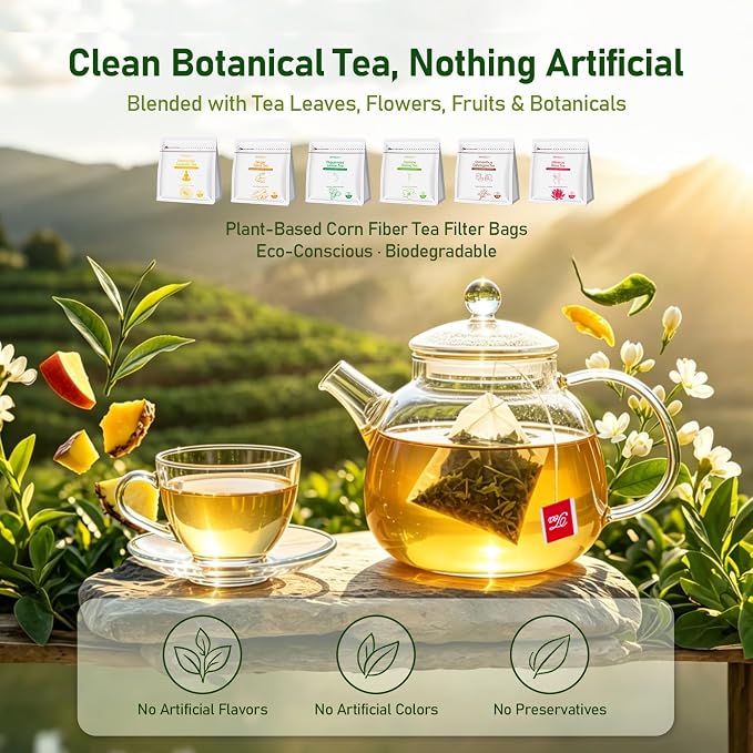 RHYSRIEY Herbal Tea Variety Pack, 60 Tea Bags, 6 Flavor Gift Set | Real tea leaves, flowers, fruits and botanicals with no artificial flavors, colors or preservatives