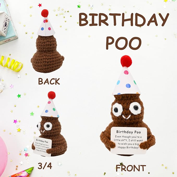 Birthday Poo with Stand. Emotional Support Crochet Gift. Happy Birthday Gifts for Women, for Her. Present for Mom. Funny Gag Gift for Friends.