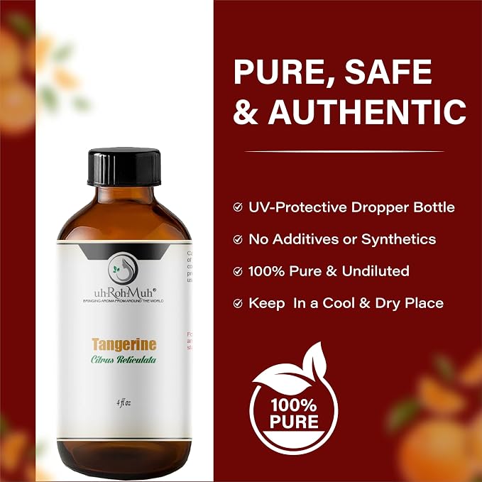 Tangerine Essential Oil, Citrus Reticulata, Cold Pressed Citrus Peel Oil, Sweet Citrus Aroma for Aromatherapy, Diffuser, Massage, Skin Care, Natural Fragrance Oil for Blends – 4 Fl oz