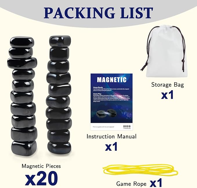 Magnetic Strategy Game Set, 20 Black Magnetic Pieces with Yellow Boundary Rope, Tabletop Party Game for 2 Players, Includes Storage Bag