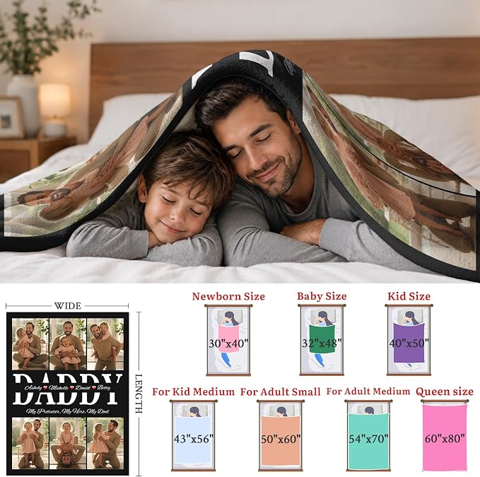 Fathers Day Birthday Gift for Dad Custom Blanket with 6 Photo & Text, Personalized Blankets with Picture to My Dad, HD Printing Customized Flannel Throw Blanket Gifts for Best Daddy Grandpa Ever