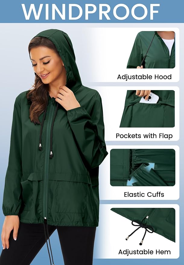 Zando Lightweight Rain Jacket Women Packable Waterproof Raincoat with Hood | Windbreaker Jacket Women, Light Raincoats for Drizzle, Rain Coats for Travel, Hiking and Commute
