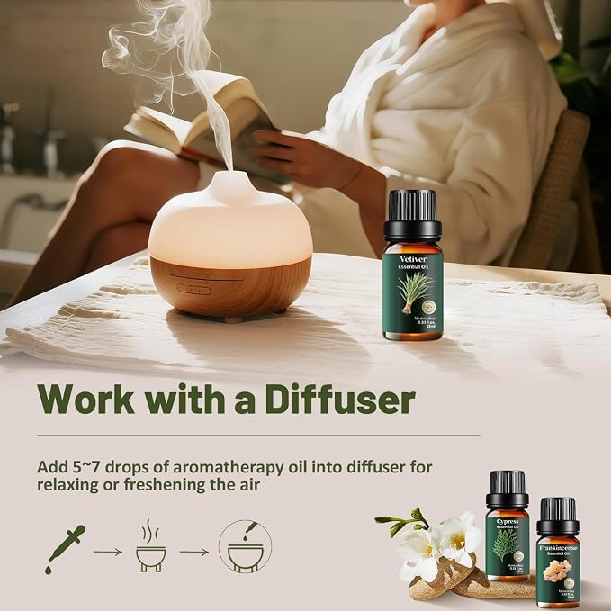 Woody Essential Oils Set, Pure Sandalwood Cedarwood Tea Tree Cypress Frankincense Vetiver – Natural Aromatherapy for Diffuser, Meditation, Candle & Soap Making – 6x10ml