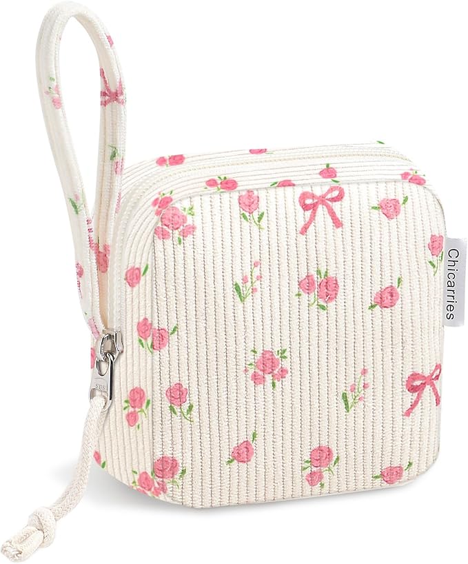 Small Makeup Bag | Discreet Period Bag Pad Pouch for Purse| Sanitary Napkin Storage & Tampon Holder for Travel Wallets and Handbags(Flower bow beige)