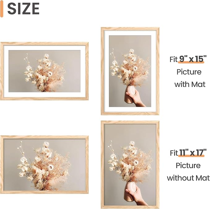 upsimples 11x17 Picture Frame, Display Pictures 9x15 with Mat or 11 x 17 Without, Wall Hanging Poster Frames, Natural Style, 1 Pack
