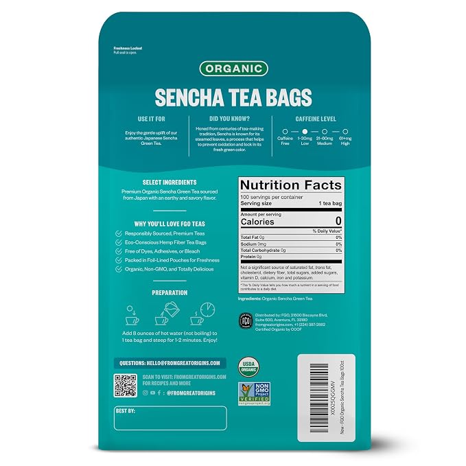 FGO Organic Sencha Green Tea, 100 Count, Eco-Conscious Tea Bags, Resealable Bag, Sourced From Japan, Packaging May Vary (Pack of 1)