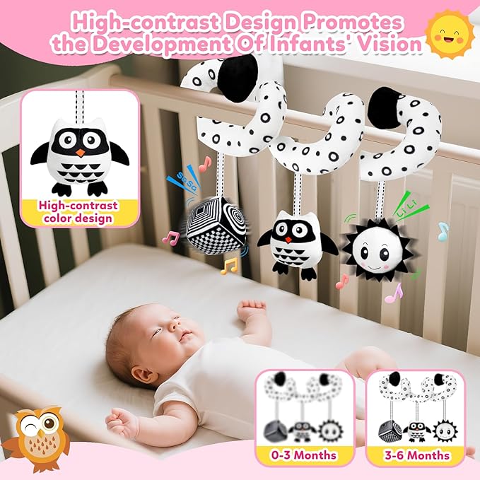 Baby Hanging Stroller and Car Seat Toys High Contrast Baby Toys for Newborn Black and White Sensory Plush Activity Toy for Babies 0-6 Months-OWL