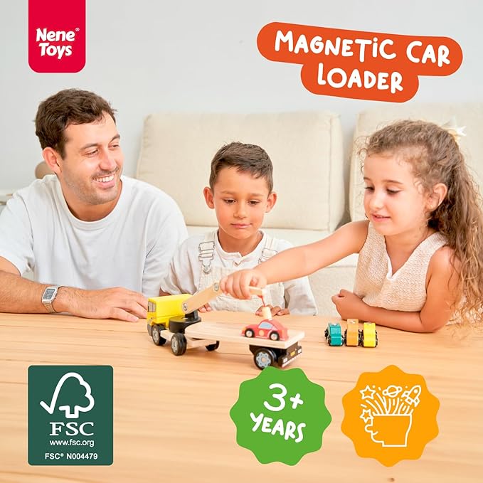 Nene Toys Magnetic Car Loader with 4 Cars and 1 Semi-Trailer Wooden Truck for Kids 3+ Year Old - Interactive Crane Wooden Toy - Vehicle Toys for Boys Girls - Educational Toy for Toddlers Ages 3+