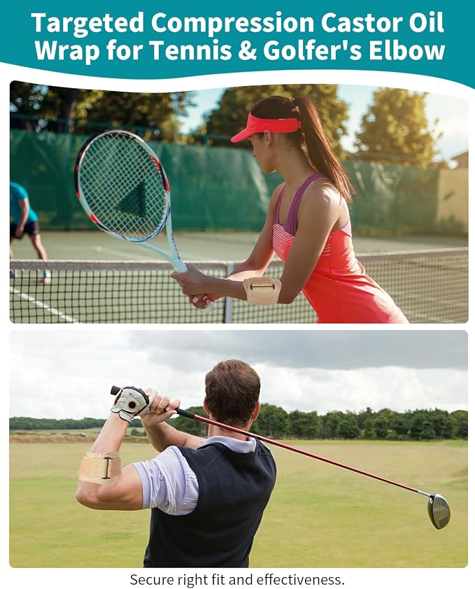 2PCS Castor Oil Pack Wrap for Tennis & Golfer's Elbow Castor Oil Wrap Tennis Elbow Brace Strap for Tendonitis Relief for Women Men Right & Left Hands,2 Per Pack L-XL