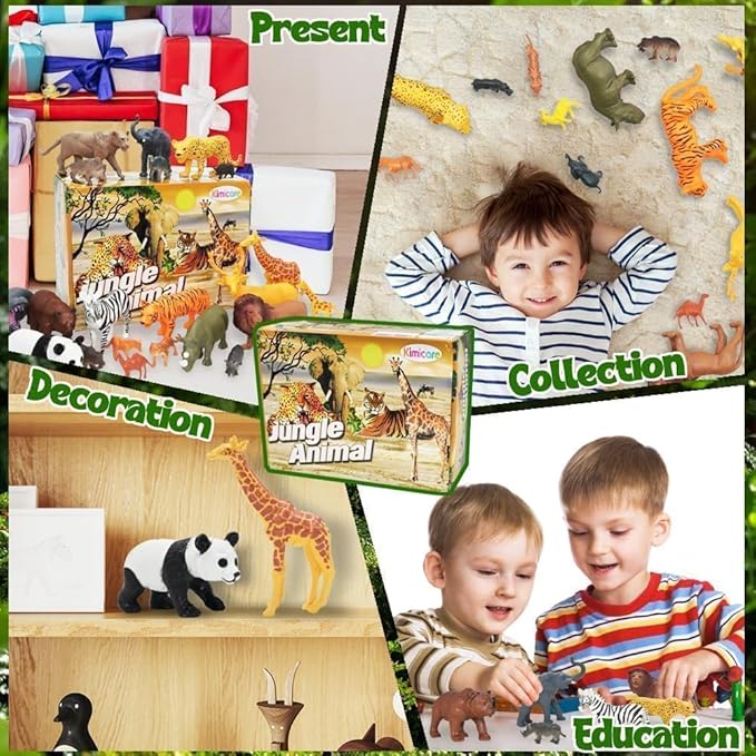 Kimicare 24Pcs Safari & Zoo Animals Figures, Realistic Plastic Animal Toys Set for Kids 1 2 3, Educational Jungle Animals Figures Playset, Party Supplies Birthday Gifts for Toddlers Boys Girls