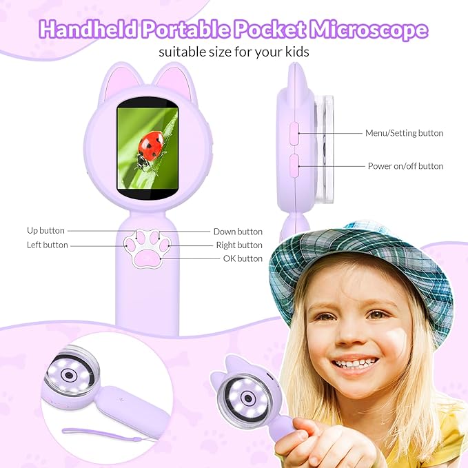 Mafiti Microscope for Kids Mini Pocket Handheld Kids Microscope Educational Science Kit Toys Xmas/Birthday Gifts for Aged 3-12 Girls Boys,Purple