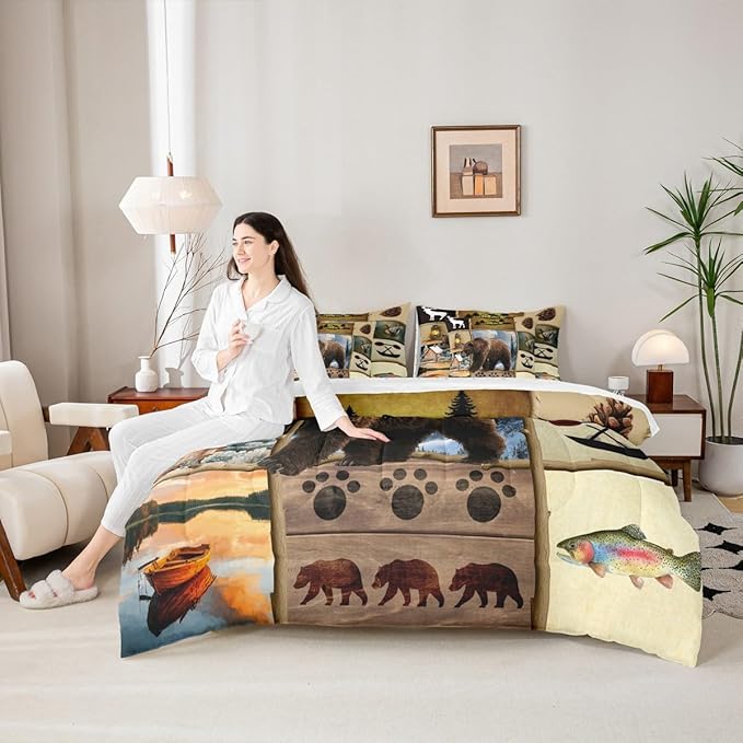 Feelyou Rustic Farmhouse Bear King Comforter Set with Sheets for Kids Boys Girls Hunting Wild Animal 7 Pieces Bedding Set Patchwork Cabin Lodge Bed in a Bag Room Decor Soft Microfiber