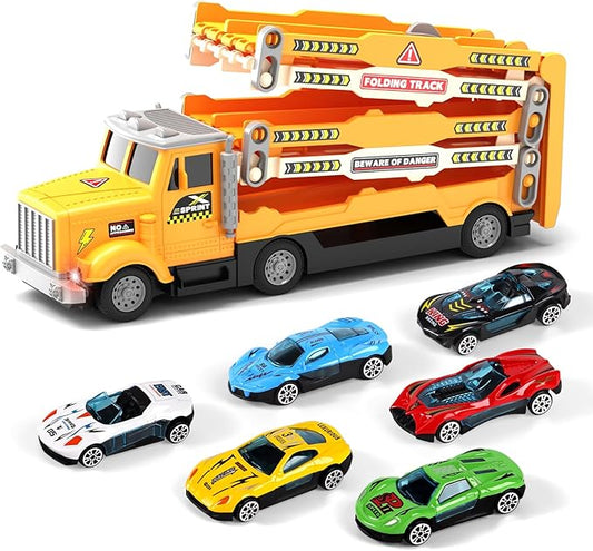 HONGTUO Race Track Truck Toy for Kids – Foldable 3-Layer Car Track Playset with 6 Vehicles, Light & Sound Transport Truck, Christmas & Birthday Gift for Boys and Girls Ages 3-6