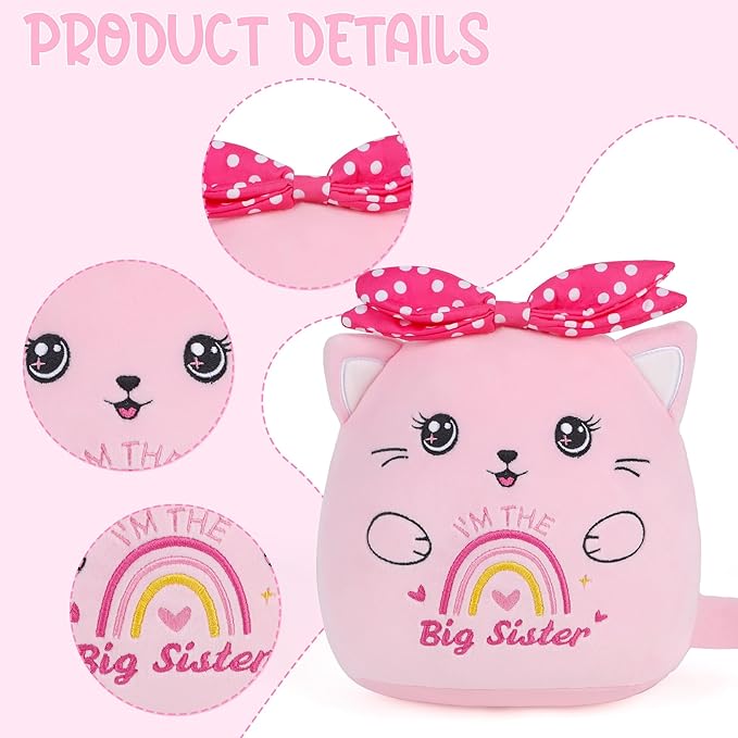 Big Sister Stuffed Animals: 9-Inch Cute I'm The Big Sister Cat Plush Toy, Pink Bow Rainbow Heart Cat Plushie Pillow, Gifts for Kids Girls Party Decor New Sibling Announcement