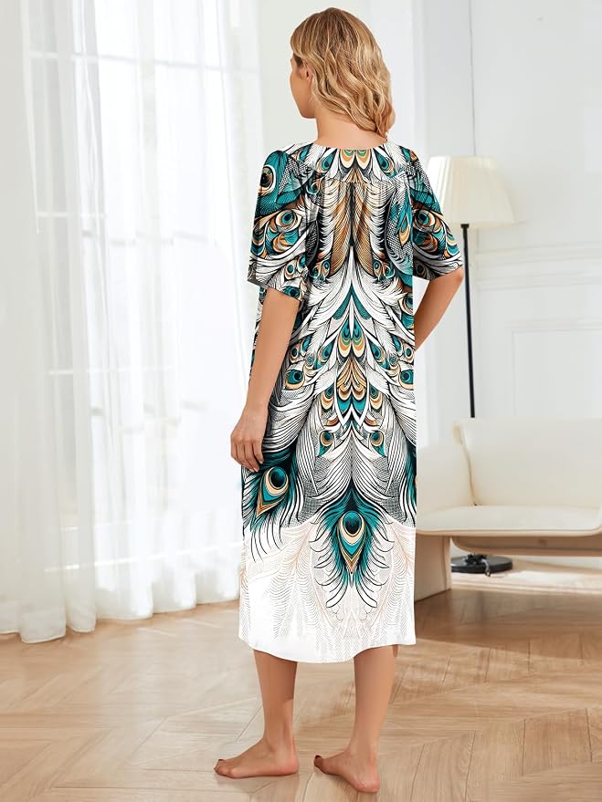 House Dresses for Women with Pockets Moo Moo Nightgown Short Sleeve Mumu Dress Lounge Dress S-3XL