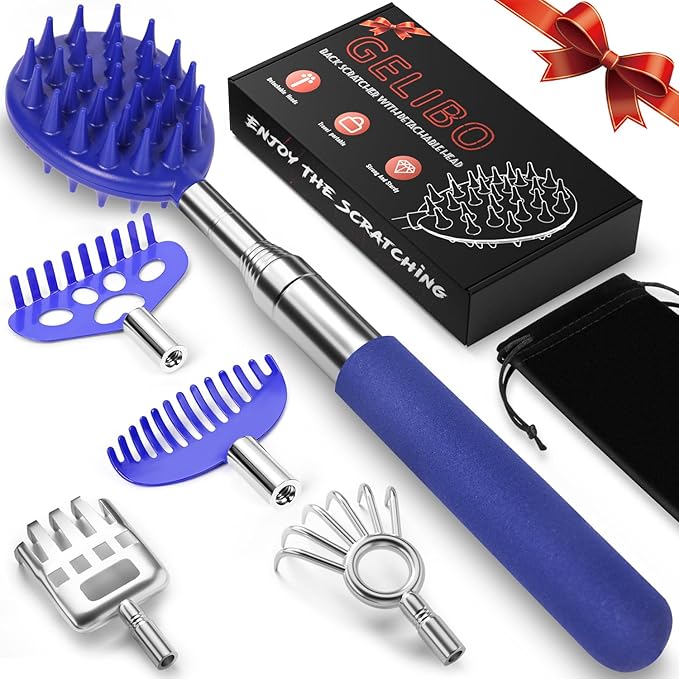 Gelibo Telescoping Back Scratcher with 5Pcs Detachable Heads, Extendable Back Massager Tool, Fathers Day Dad Gifts from Wife Daughter Son, Mens Gifts, Husband with Beautiful Box - Blue