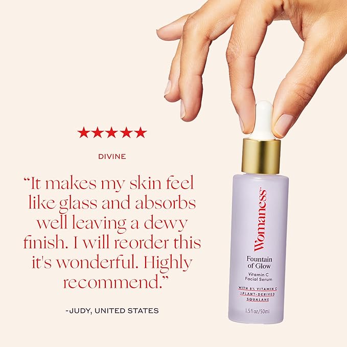 Womaness Fountain of Glow - Vitamin C Face Serum, Brightening Glow Serum with 8% Vitamin C & Plant-Derived Squalane Oil, Antioxidant Serum for Even Skin Tone, Menopause & Perimenopause Care - 30ml