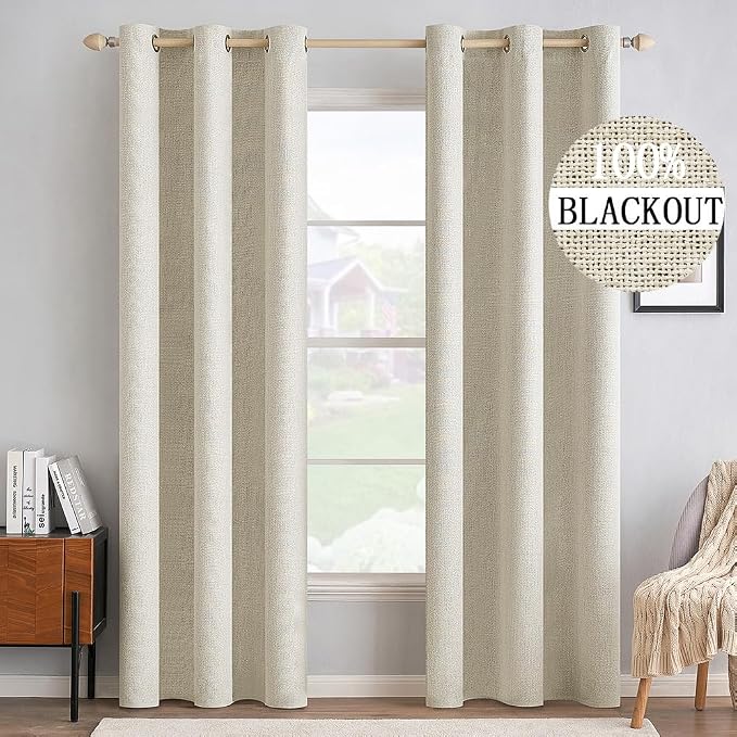 MIULEE 100% Blackout Linen Textured Curtains for Bedroom Solid Thermal Insulated Cream Grommet Room Darkening Curtains & Drapes Luxury Decor for Living Room 42 x 84 Inch (2 Panels)