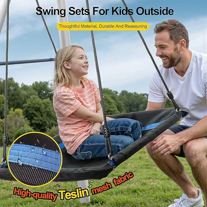3-in-1 Heavy Duty Metal Swing Set for Backyard, A-Frame Outdoor Playset with Platform Swing, Toddler Barrel & Square Swings, 800lb Kids Playset
