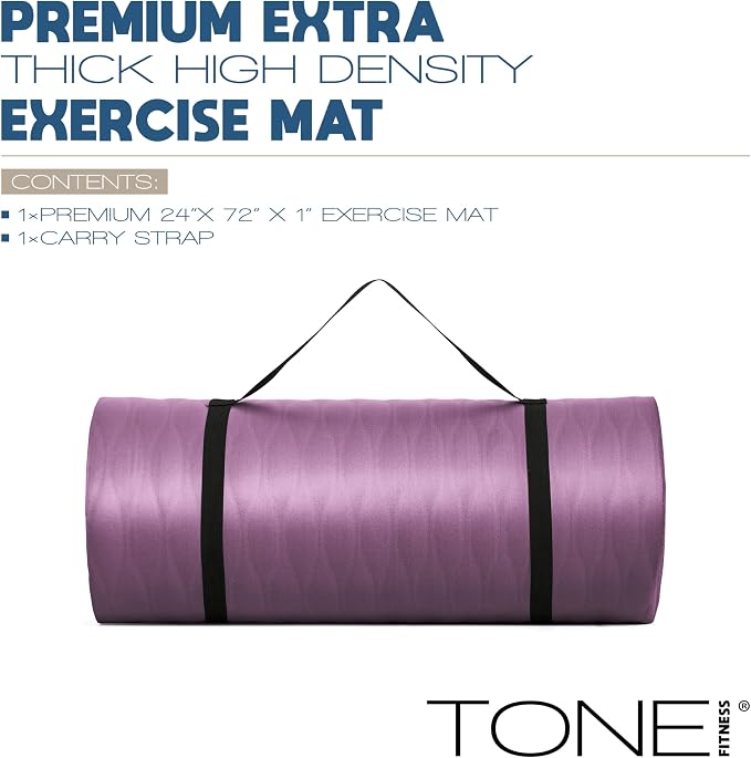 Tone Fitness 1-Inch Thick Yoga Mat | High-Density, Non-slip Exercise Mat with Carrying Strap for Yoga, Pilates, & Home Gym Workouts | Multiple Options