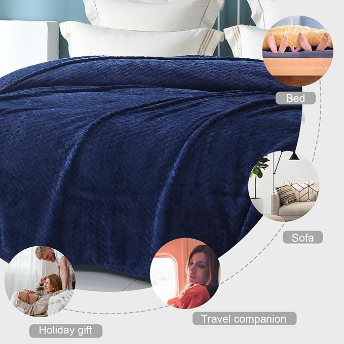 Exclusivo Mezcla Soft Fleece Bed Blanket Twin Size, 60”x80”, Navy Blue | Cozy Fluffy Lightweight Blankets for Summer, Decorative Plush Flannel Throws for Living room, Bedroom with Leaves Pattern