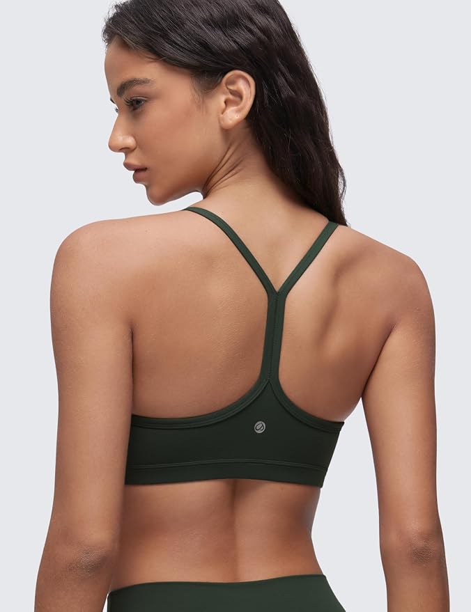 CRZ YOGA Butterluxe Ruched Sports Bras for Women - V Neck Spaghetti Thin Strap Y Back Wireless Padded Yoga Crop Top