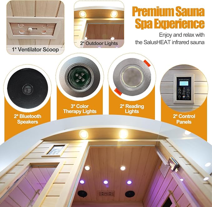 Ultra Low EMF 2 Person Infrared Sauna, 1750W 15A Far Infrared Saunas for Home, Canadian Hemlock Wood Sauna Indoor Sauna with Chromotherapy Light, Bluetooth Speaker, Door Heating Plate