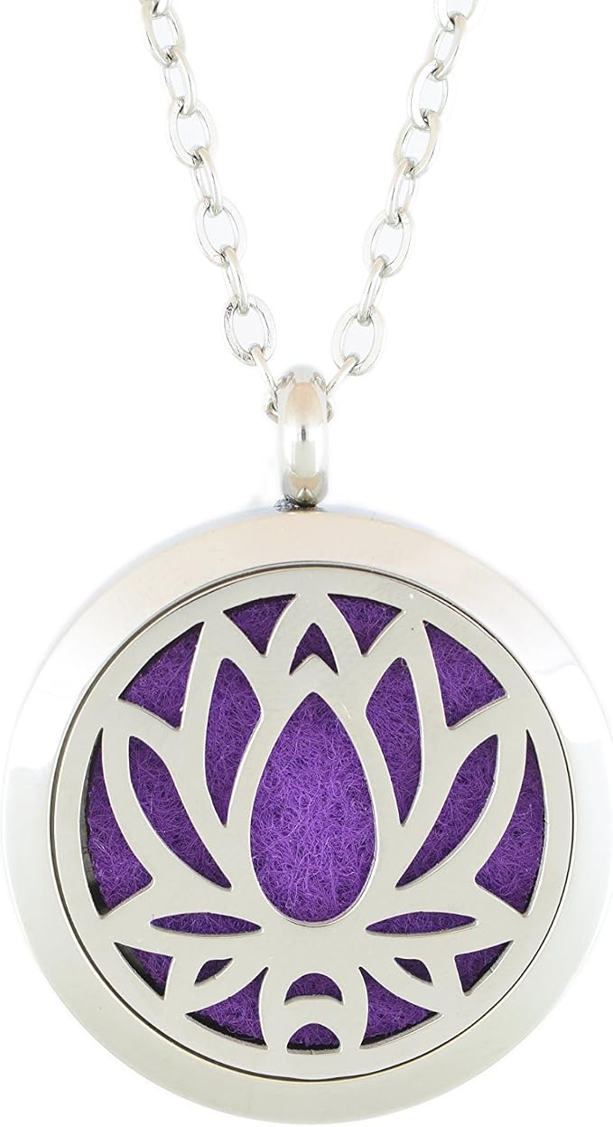 Aromatherapy Essential Oil Diffuser Stainless Steel 30MM Silver Magnetic Locket Pendant with Chain Necklace and Colored Refill Pads & Diffuser Bracelet All in a Velvet Bag (lotusflower)