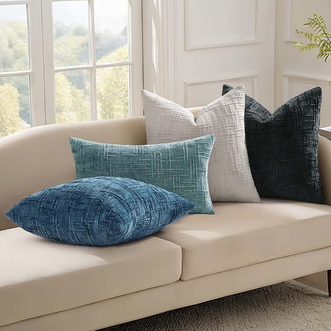 decorUhome Textured Chenille Throw Pillow Covers 24x24 Set of 2 Navy Blue | Fall Modern Farmhouse Soft Cozy Slubby Couch Pillow Cases Boho Decorative Pillow Cases for Bed Sofa Living Room Home Decor