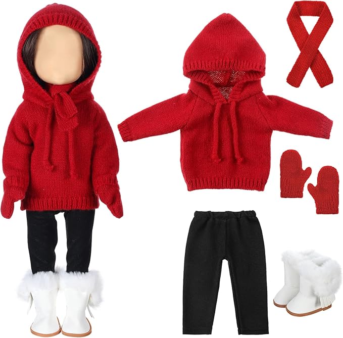 6 Pcs Christmas 18 Inch Doll Clothes and Accessories Winter Outfits Set Sweaters Trousers Hats Shoes for 18 Inch Doll Gift(Light Red,Smart Style)
