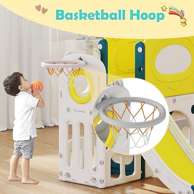 kinbor 9 in 1 Multifunctional Toddler Slide - Kids Slide with Basketball Hoop, Drawing Board & Storage, Playset for Kids Indoor Outdoor Playground Set for Toddlers Ages 1-3