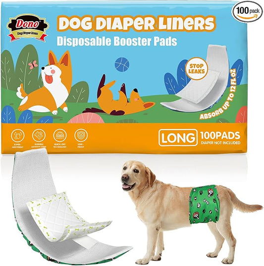 Dono Dog Diaper Liners for Male and Female Dogs, Super Absorbent Dog Booster Pads, 100ct Disposable Doggie Diaper Inserts Fit Reusable Male Belly Bands, Wraps, Washable Period Panties, Long