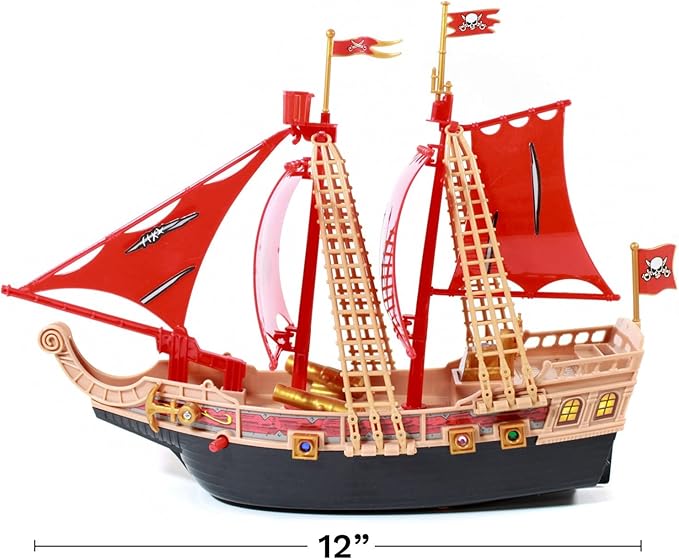 2-Pack Toy Pirate Ship Boat Adventure Playset with Lights Sounds Action Figures, Red, Boys, Ages 3+